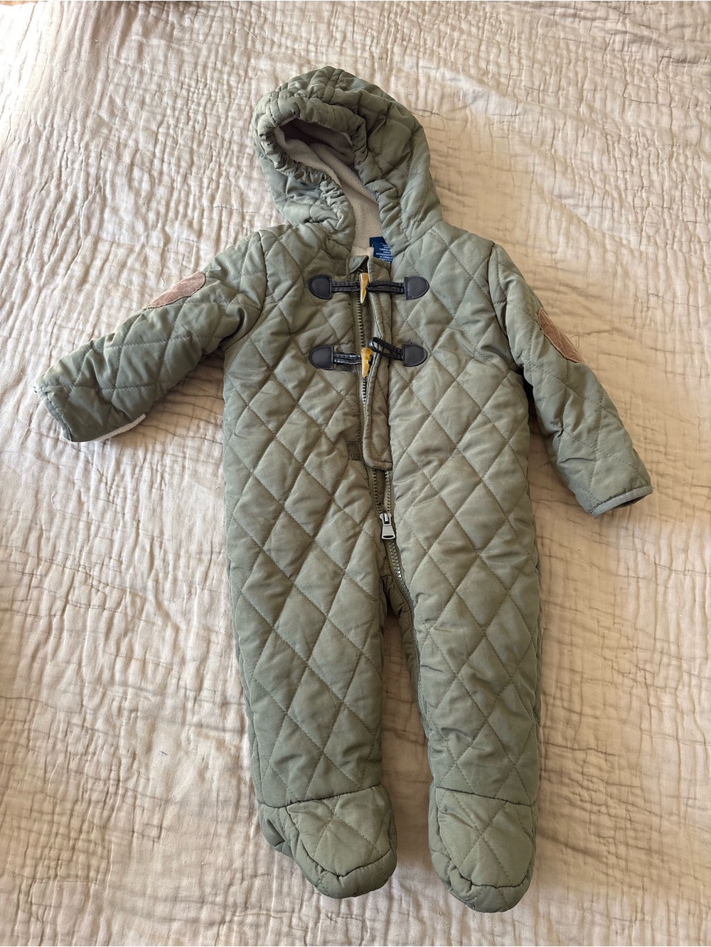 Quilted Hooded Baby One-Piece Snowsuit in Sage Green